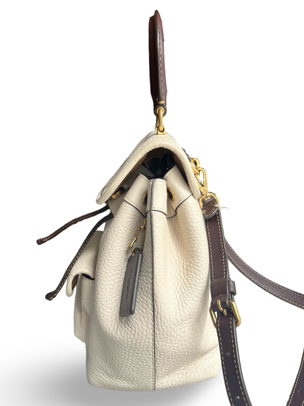 Coach Riya 21 Pebbled Leather Drawstring Bag in Cream with Brown Trim - Picture 11 of 16